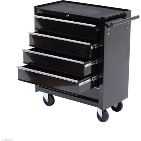 Boîte à outils roulable noire, 5 tiroirs, acier. Armoire outillage mobile.