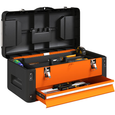 Boîte à outils vide, 49,7 x 25,3 x 23 cm, boîte à outils avec tiroir, mini-boîte, acier, orange