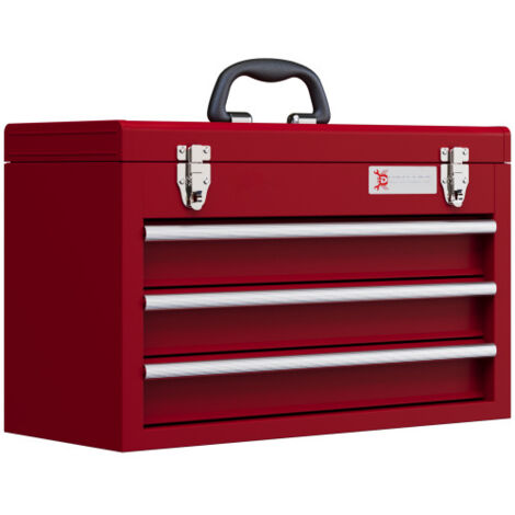 Boîte à outils vide 51 x 22 x 32 cm avec 3 tiroirs et un compartiment de rangement supérieur, poignée et serrure, robuste, en acier rouge