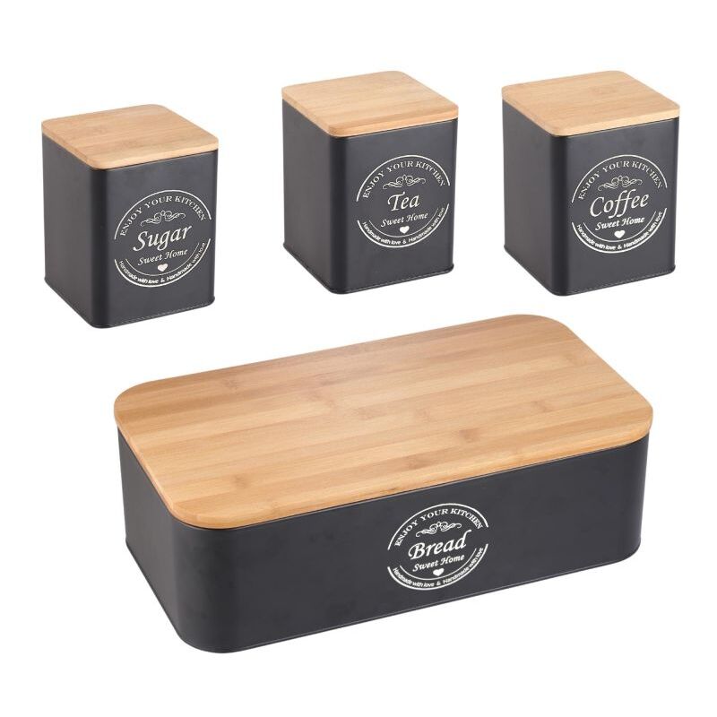Boîte à pain avec boîtes 4 pièces Noir Herzberg HG04401