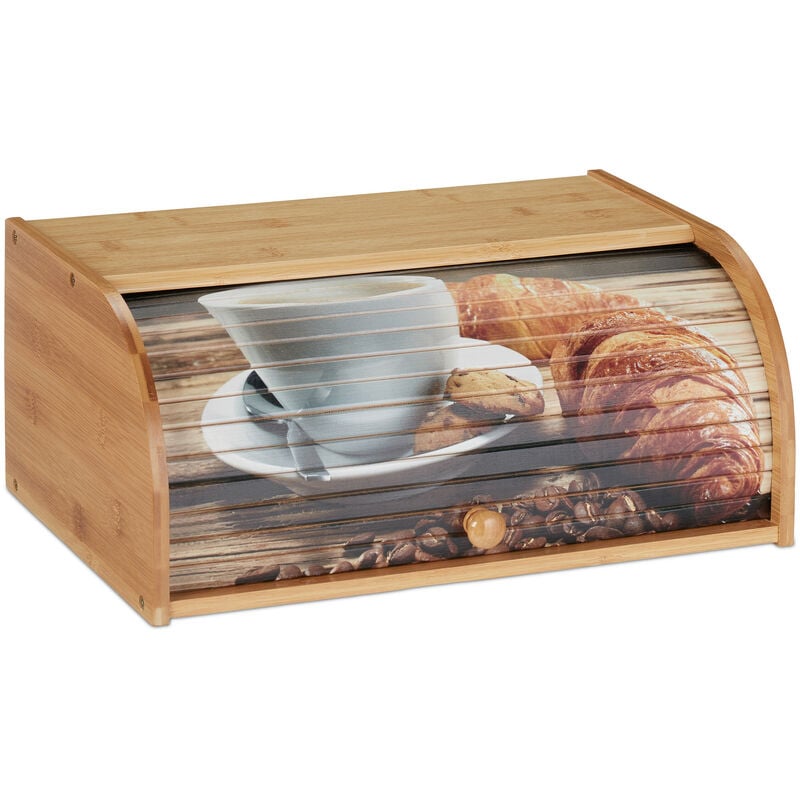 Boîte à pain bambou, conserver pain, couvercle coulissant, caisse miche baguette motifs, 17x40x27cm, nature - Relaxdays