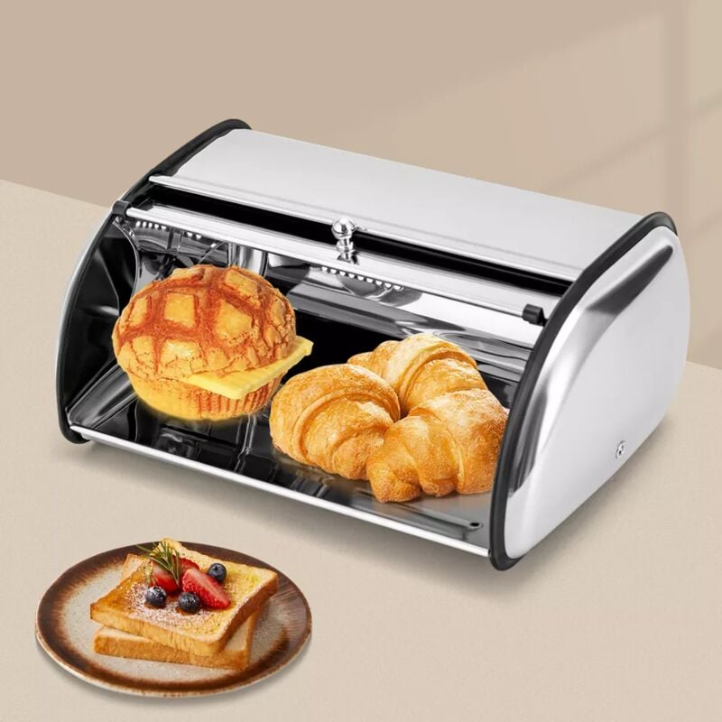 Senderpick - Boîte à pain en acier inoxydable,Boîte à pain de cuisine avec couvercle à enroulement et trous d'aération