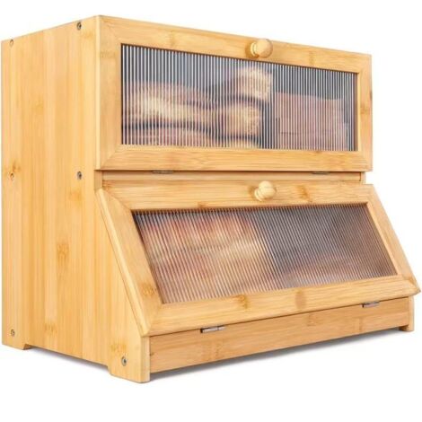 Boîte à pain en bambou à 2 étages en bambou 40 cm x 25 cm x 33 cm (L x l x H) pour le stockage du pain - couleur du bois