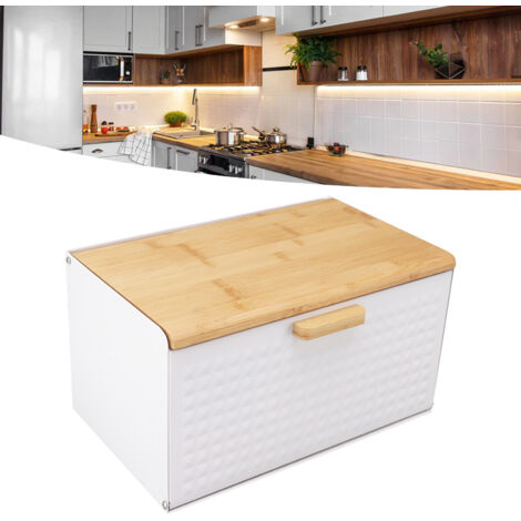 Boîte à Pain en Bois Vintage Bois Bambou et Métal Grande Capacité 35.5x21.5x20cm Blanc