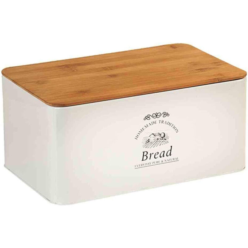 Boîte à pain en métal et bambou - Blanc - L 32,5 x l 15 cm x H 21 cm - Livraison gratuite