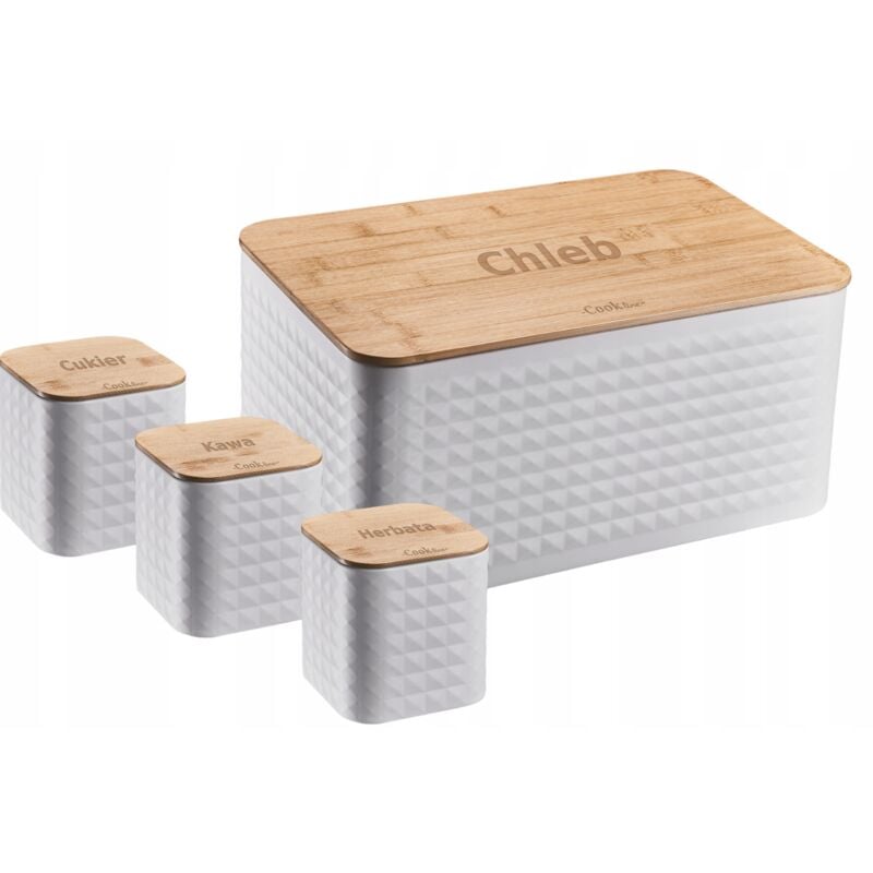 Boîte à pain SABIO avec couvercle en bambou, émaillé, blanc + 3 CONTENEURS