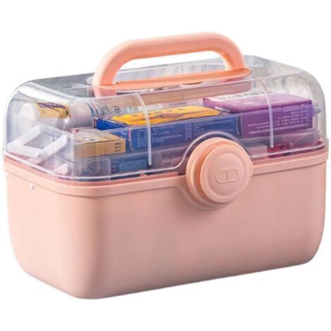 Boîte à pharmacie à 3 compartiments pour la maison, grande capacité, portable, avec poignée - Rose -
