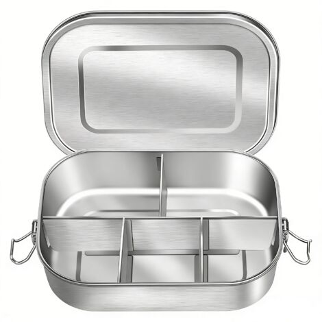 Boîte À Repas Bento - Acier Inoxydable 18/8 - 5 Compartiments - 1400 ml - Hermetic Avec Clips Et Joint En Silicone - Pour Enfants À Partir De 6 Ans Et Adultes - 1 Pièce