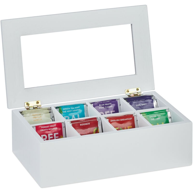 Boîte à thé, 8 compartiments, bambou, couvercle protégeant le contenu de la poussière, hlp 9x28x16 cm, blanche - Relaxdays