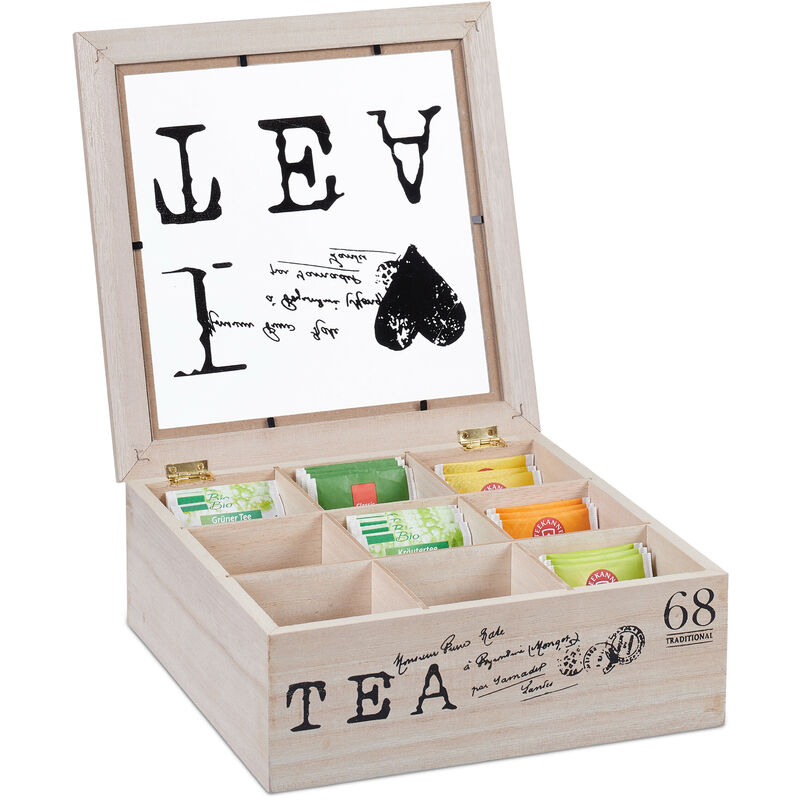 Boîte à thé avec 9 compartiments, en mdf et acrylique, avec couvercle, hlp : 9 x 25 x 25 cm, nature et noir - Relaxdays