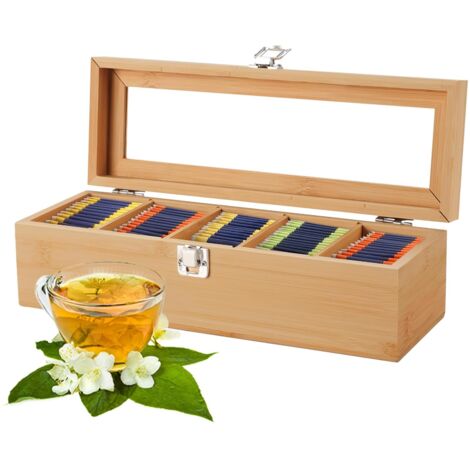 Boîte à Thé, Boîte à Thé en Bois avec 5 Compartiments, Boîte à Thé avec Couvercle Fenêtre Transparente Organisateur pour Conserver les Arômes pour le Salon, le Bureau (30  10  9cm) (B)