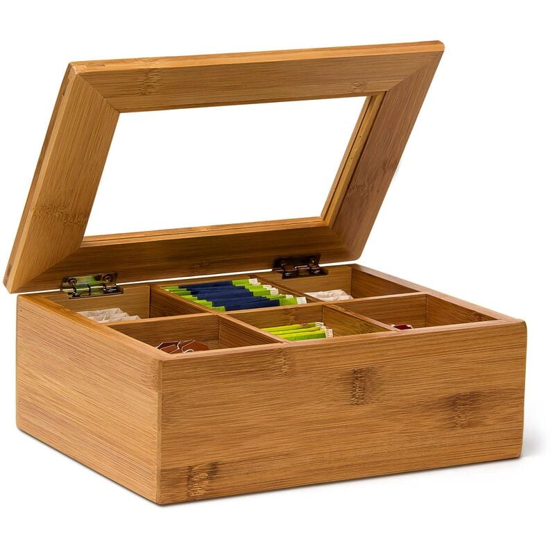 Boîte à thé en bambou 6 compartiments Coffret sachets thé vrac 9 x 22 x 16 cm Fenêtre transparente, nature - Relaxdays