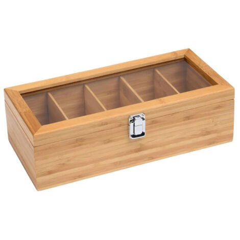 Boîte à thé en bois avec couvercle transparent et 5 compartiments.