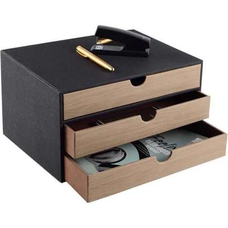 Boîte à tiroirs de bureau avec 3 compartiments A4 fermés, en cuir PU, organisateur de bijoux, organisateur de cosmétiques, ouverture en forme de U, coutures cousues à la main (noir)