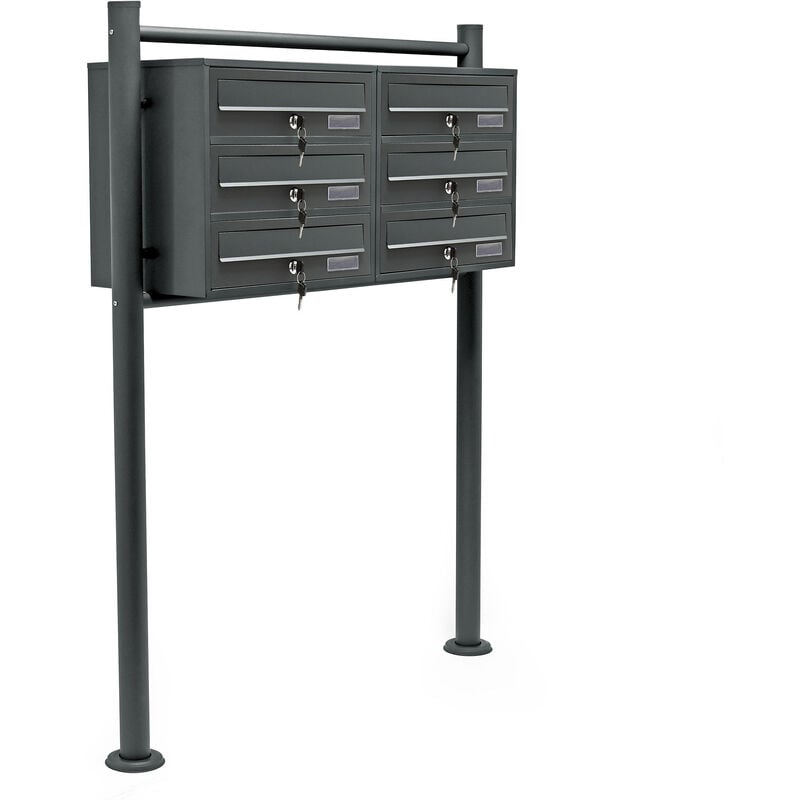 Xpotool - Wiltec Boîte aux lettres sur pieds Gris anthracite 898 x 270 x 1150 mm, avec 6 Compartiments verrouillables 2x3 et Porte-nom, Revêtement en