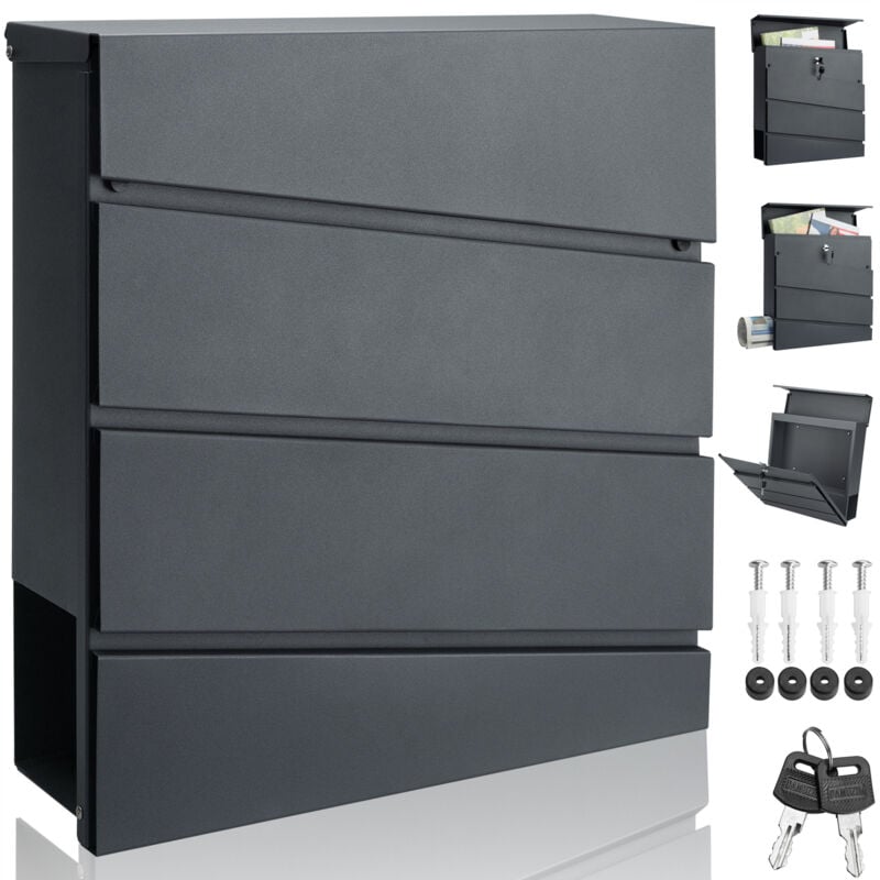 Boîte aux lettres murale xxl acier zingué anthracite tube journaux courrier étiquette nom 2x clés fente d'insertion