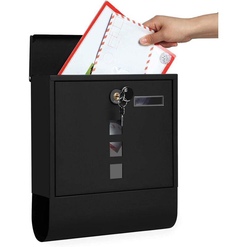 Boîte aux Lettres Murale, avec Serrure avec Cache, Fenêtres de Visualisation, Emplacement pour Nom, Rouleau pour Journaux, Facile à Installer, Noir