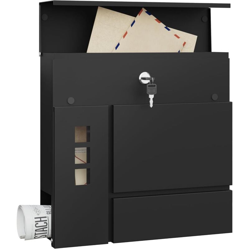 Woltu - Boîte aux Lettres Murale avec 2 Clés, 3 Fenêtres, Porte-Journaux, Boîte aux Lettres Individuelle, Noir