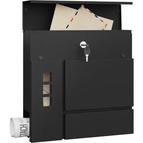 Boîte aux Lettres Murale WOLTU, avec 2 Clés, 3 Fenêtres, Porte-Journaux, Boîte aux Lettres Individuelle, Noir