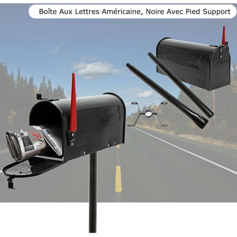 Boîte Aux Lettres, Style Américaine, Noire, Avec Pied Support - Noir