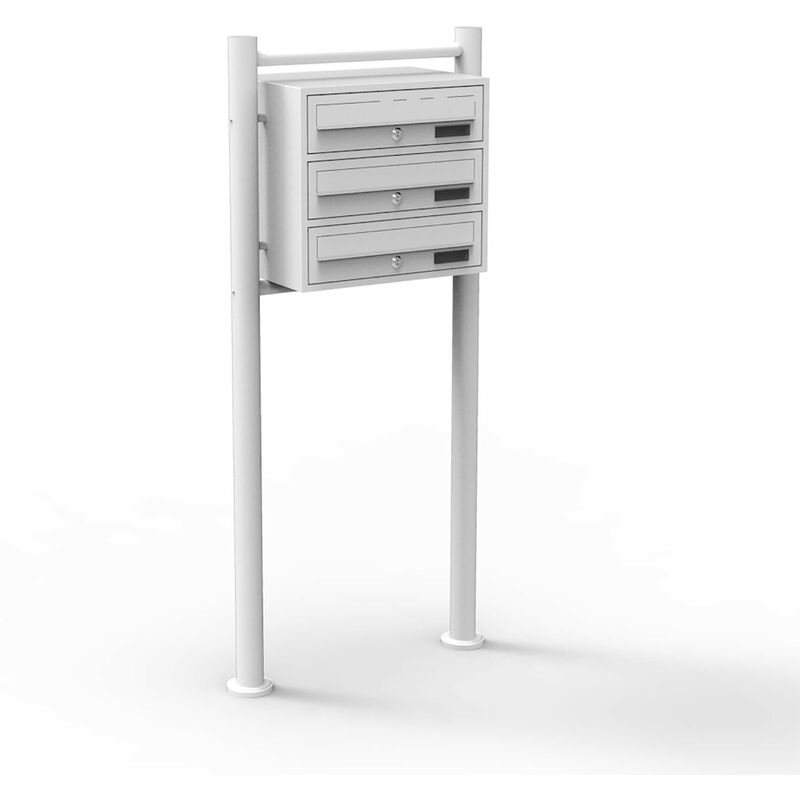 Wiltec - Boîte aux lettres sur pieds Blanche 513 x 270 x 1150 mm, avec 3 Compartiments verrouillables et Porte-nom, Revêtement en poudre, pour