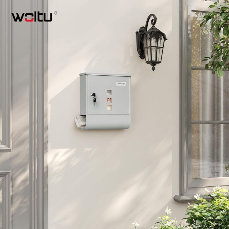 Woltu - Boîte aux Lettres Boîte Postale Murale Verrouillable avec Porte-Journaux, Porte-Nom, 2 Clés, Fenêtre Transparente, Gris, 30,5x9x33,5cm