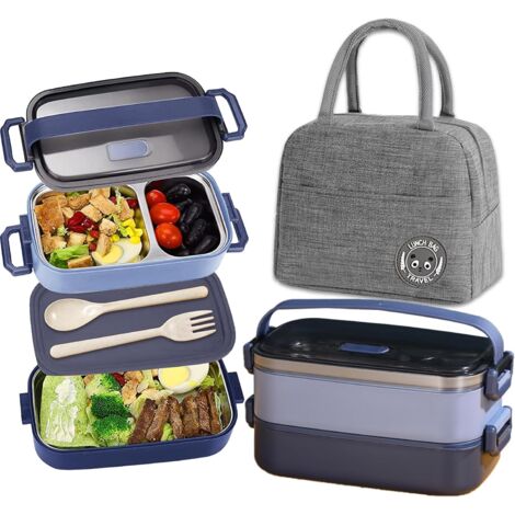 Boîte Bento Inox 1100ml - 2 Étages - Avec Sac Isotherme - Hermétique - Micro-ondes Et Four - Bleu