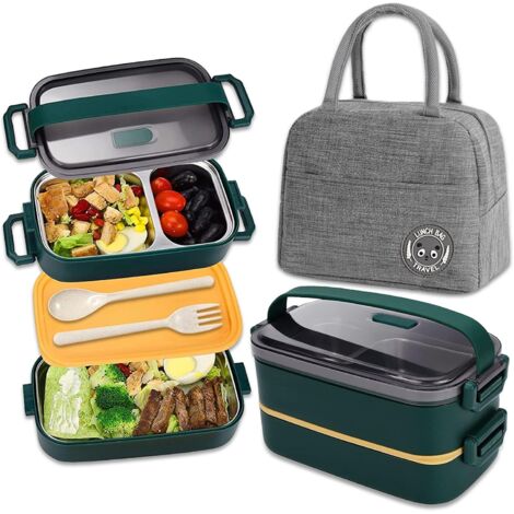 Boîte Bento Inox 1100ml - 2 Étages - Avec Sac Isotherme - Hermétique - Micro-ondes Four - Vert