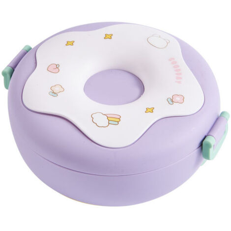 Boîte Bento Rond Donut avec Couvercle Fourchette Cuillère, Récipient Repas Chauffable pour Bureau École Violet