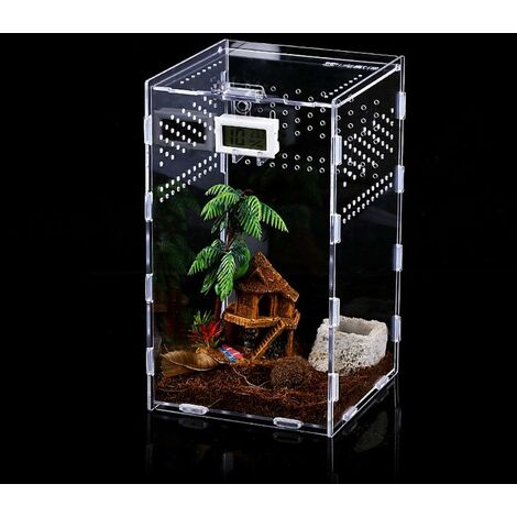 Boîte d'alimentation d'insectes, 12x12x20cm Acrylique Transparent Cas d'élevage pour Reptiles, Spide, Lézard, Scorpion, Mille-Pattes, Grenouille cornue, Scarabée