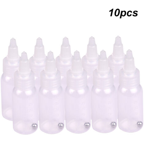 Boîte de 10 flacons de peinture pour aérographe de 35 ml (1,2 oz) chacun, en polypropylène avec couvercle gradué et étanche, pour aérographe à double alimentation par siphon. Accessoires inclus.