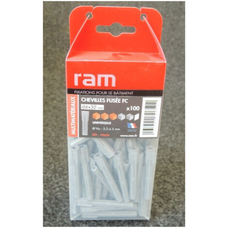 Boite de 100 chevilles nylon fusées Ø 6x50mm grises polyvalentes multimatériaux RAM