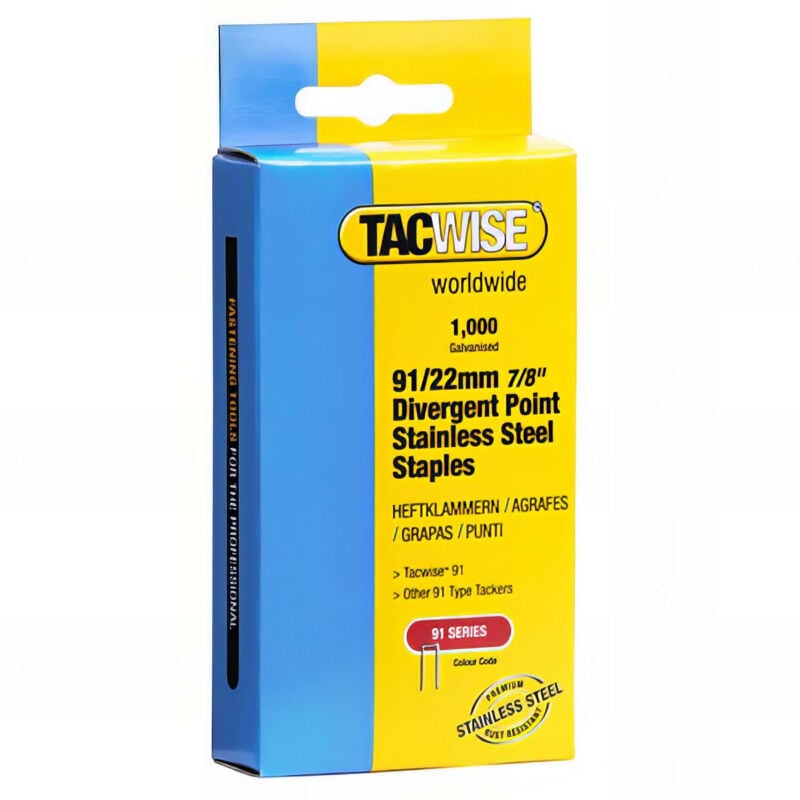 Boîte de 1000 agrafes pointes divergentes en acier inoxydable à couronne étroite type 91 L.22 mm - TA-1070 Tacwise