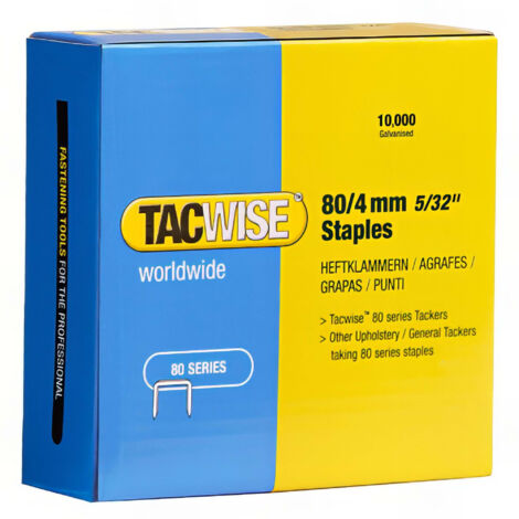 Boîte de 10000 agrafes galvanisées type 80 L 4 mm – Spécialement conçues pour tapisserie – Compatibles avec agrafeuses pneumatiques Tacwise - TA-0380