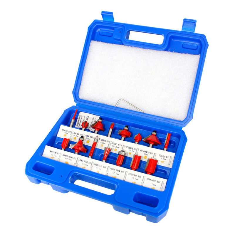 Boîte de 15 mèches de toupie, tige de 6.35mm 1/4 pouces, coupe-bordure, graveur, routeur pour le travail du bois, pointe en carbure