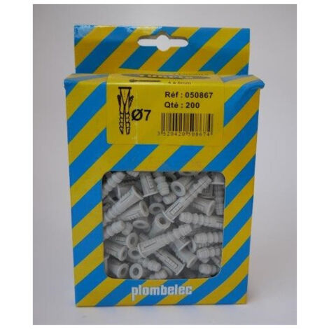 Boîte de 200 chevilles plastique avec collerette Ø 7x30mm pour béton brique pleine et parpaing PLOMBELEC