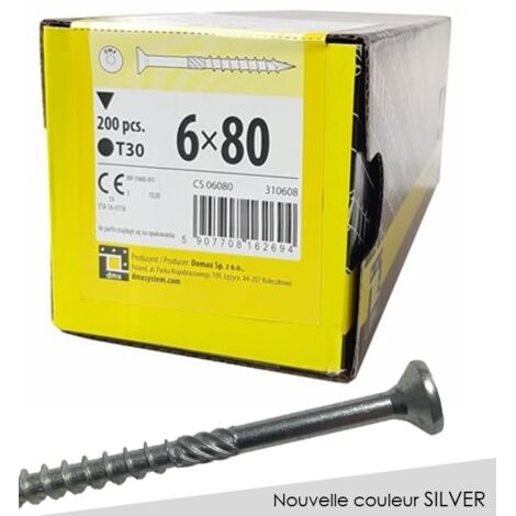 BOITE DE 200 VIS À TÊTE FRAISÉE 6 x 80, EMPREINTE TORX FINITION SILVER
