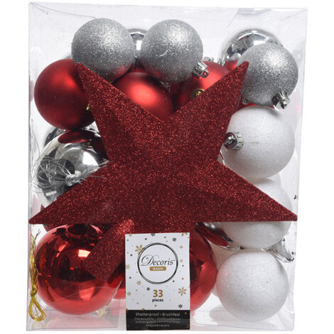 Boîte de 33 accessoires d'arbre en argent, rouge et blanc mat