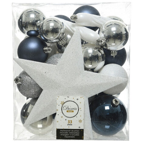 Boite De 33 Accessoires Pour Arbre De Noel Bleu, Blanc Et Argente.