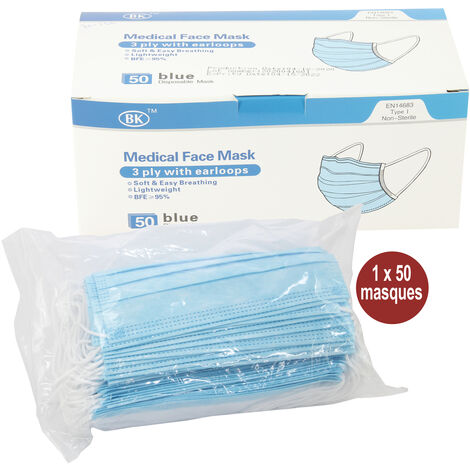 PROPY Masque chirurgical 3 plis, bleu avec élastique (boite de 50 pièces)  lot de 20 boites