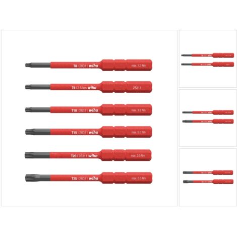 Boite de 6 embouts slim Torx, isolés 1000V T8 - T9 - T10 T15 - T20 - T25 - WIHA