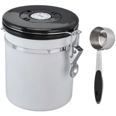 Boîte de conservation hermétique pour café, bocal avec indicateur de date et valve de décompression CO2, en acier inoxydable blanc