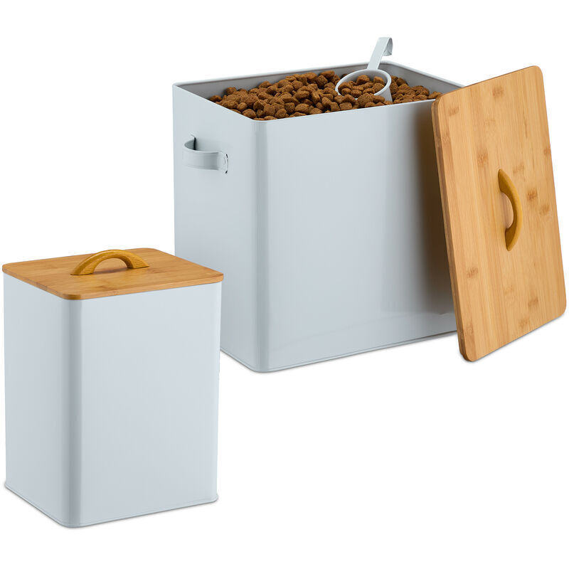 Boîte de conservation, lot de 2, 2 tailles, couvercle & cuillère, fer, récipient croquettes, blanc - nature