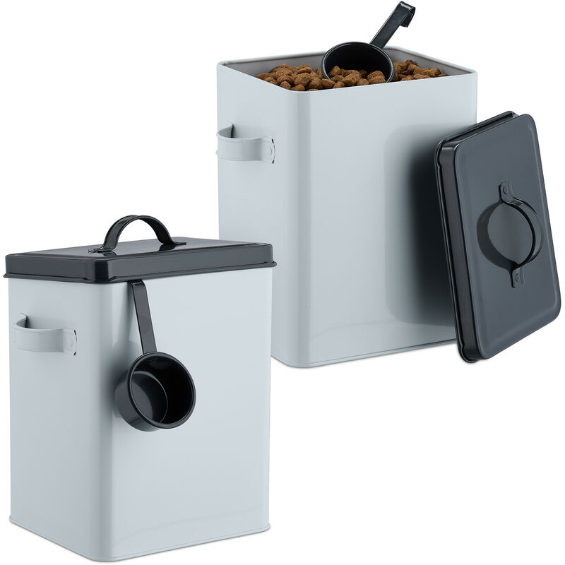Relaxdays - Boîte de conservation, lot de 2, 5,5 l, couvercle & cuillère, fer, pour croquettes, blanc - anthracite