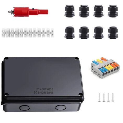 Boîte de Dérivation IP65 Noir 200x100x70mm - Étanche pour Caves/Garages - Bornes Incluses - Adaptée Câbles 12-16mm - Accessoires de Montage - Protection Humidité