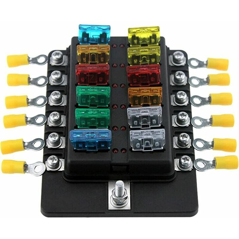 KZQ - Boîte de Fusibles à Lames de 12 Manières avec led - Inclus 10 Fusibles et Bornes - Convient pour Bateau, Caravane, Marine, 12V et 24V