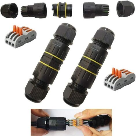 Boîte de Jonction de Plein Air IP68 Imperméable Connecteur de Câble électrique Boîtier de Raccordement 3 Voies Connecteurs Boîte pour Câble Ø 6 à 11mm (2Pcs)