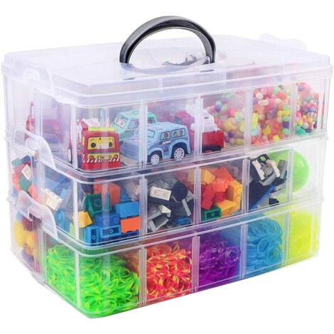 Boite de Rangement 3 Étages Empilable en Plastique Transparent, Boite de Rangement avec Couvercle de Rangement à 30 Compartiments, Boite en Plastique pour Jouets, Bijoux, Loisirs Créatifs