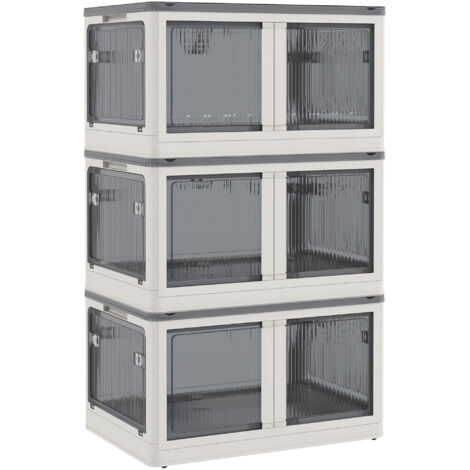 Boîte de rangement 69L Coffre empilable avec roues,pliable,accès à 5 côtés,blanc