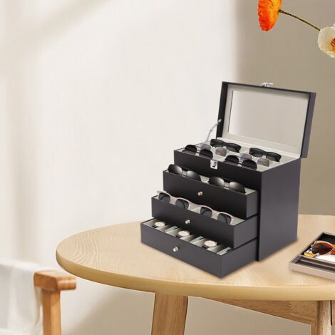 Boîte de rangement à 4 niveaux en fibre de carbone pour lunettes, montres et bijoux Boîte pour lunettes et montres Support de rangement pour lunettes de soleil